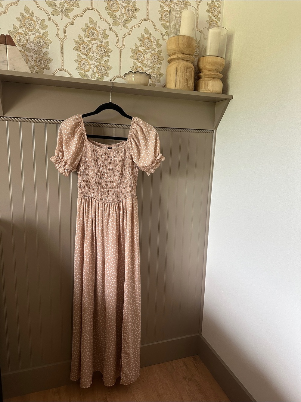 Smocked Puff-Sleeve Maxi Dress in Blush Polka Dot